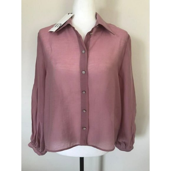 ZARA Blouse Top Size Medium Dusty Pink Diamante Buttons Semi Sheer - Picture 1 of 7